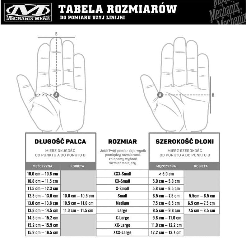 Tabela rozmiarów Rękawice taktyczne Mechanix Wear Original Black